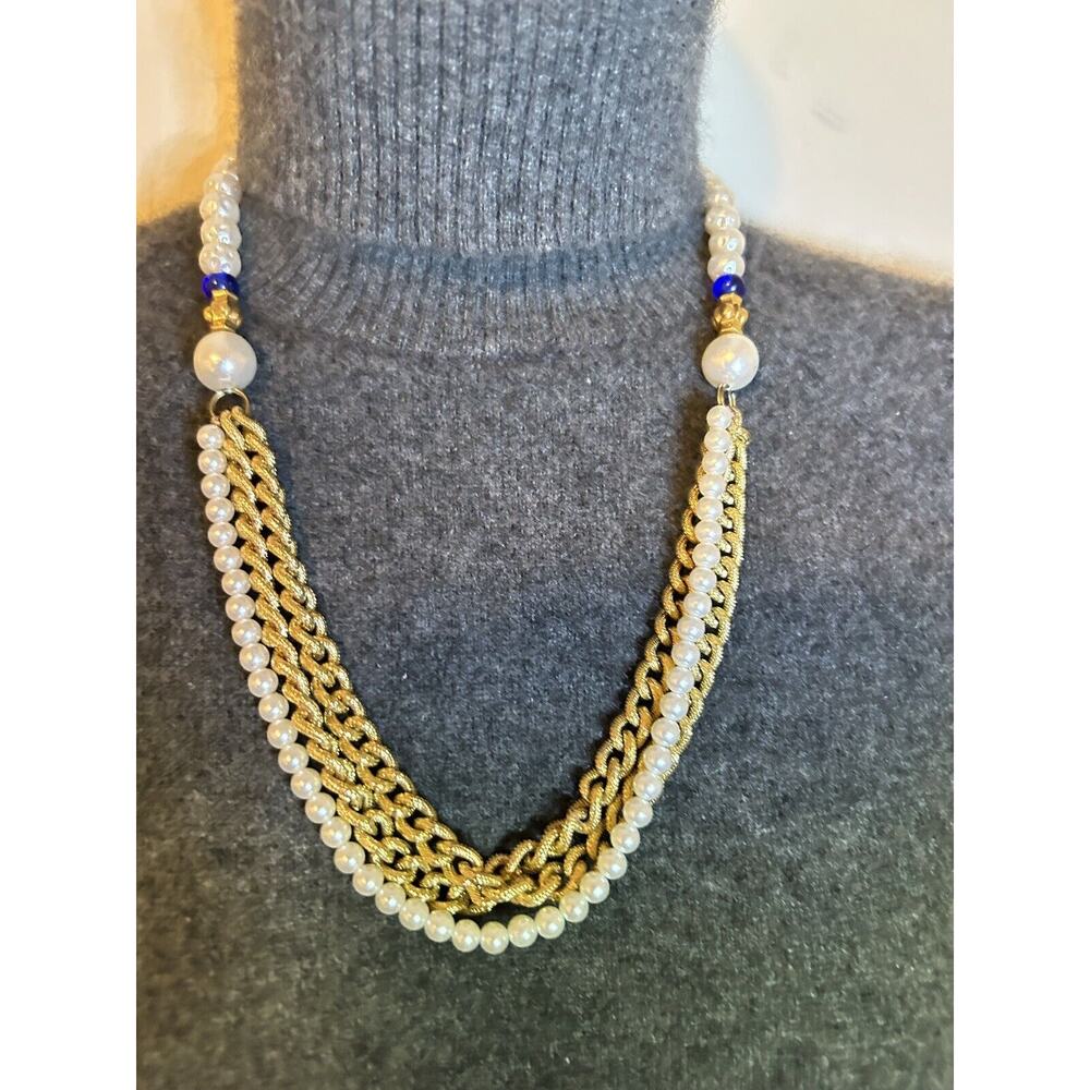 Vanessa necklace 3 Strand Gold Twisted Rope Pearl Blue Choker 22”